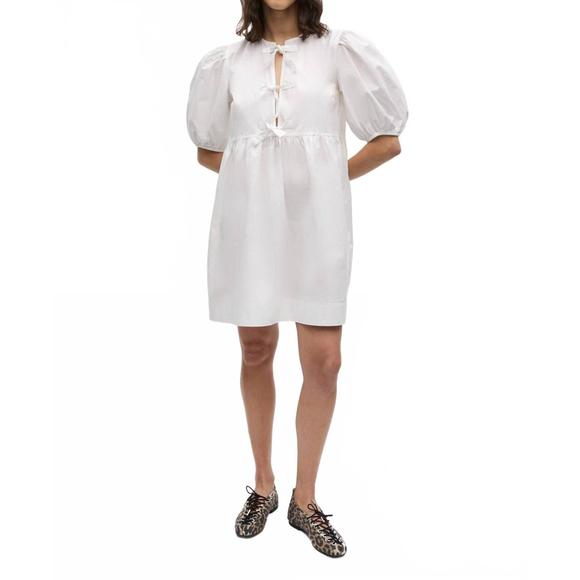 NEW GANNI cotton poplin tie string mini dress in bright white